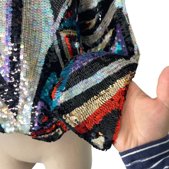 Vintage Multicolored Geometric Print Sequin Long Sleeve Blouse Peony and Phoenix - Picture 2 of 10